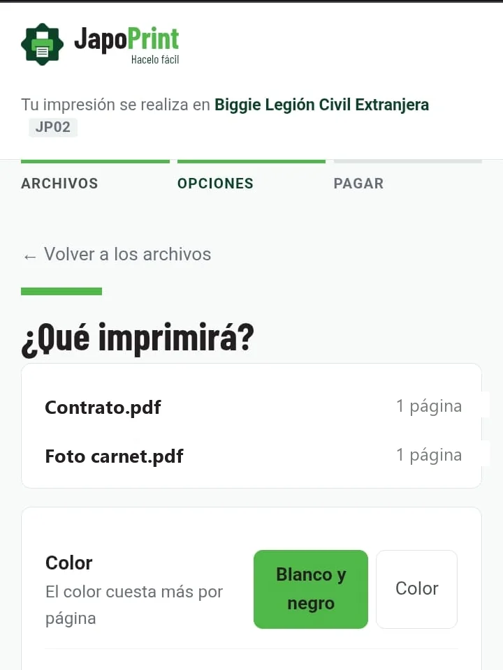 Pantalla para elegir color, tamaño de hoja y doble faz