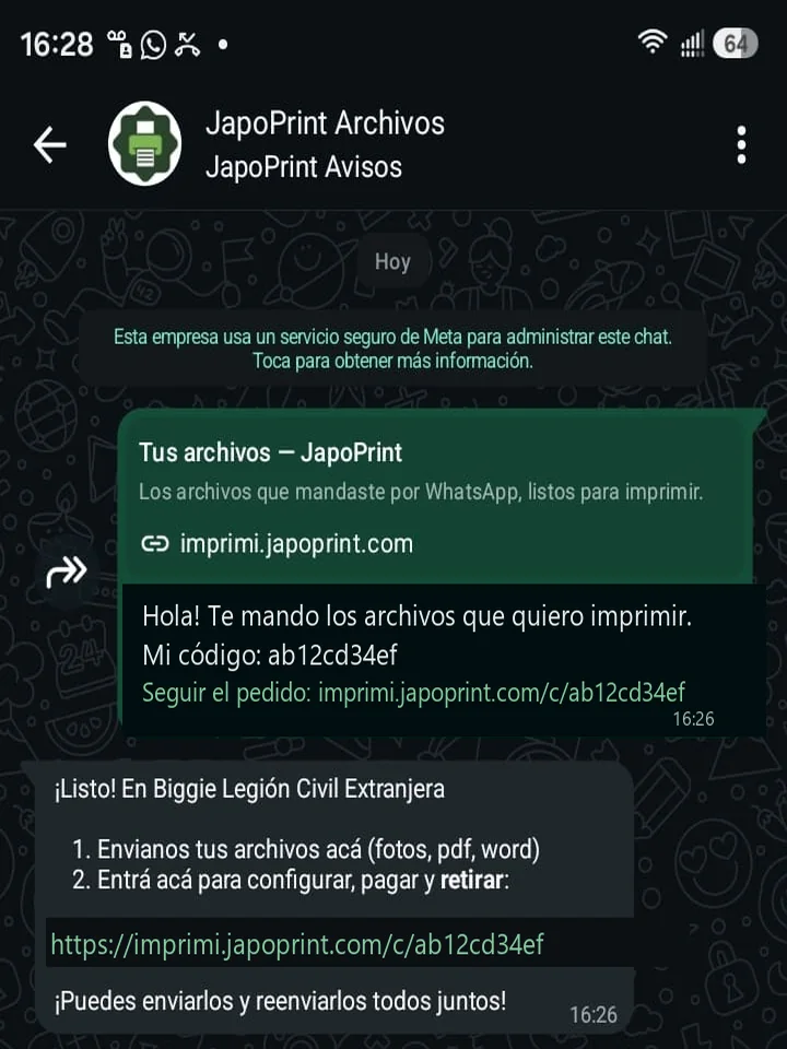 Conversación de WhatsApp con JapoPrint, con los archivos enviados y el enlace del pedido